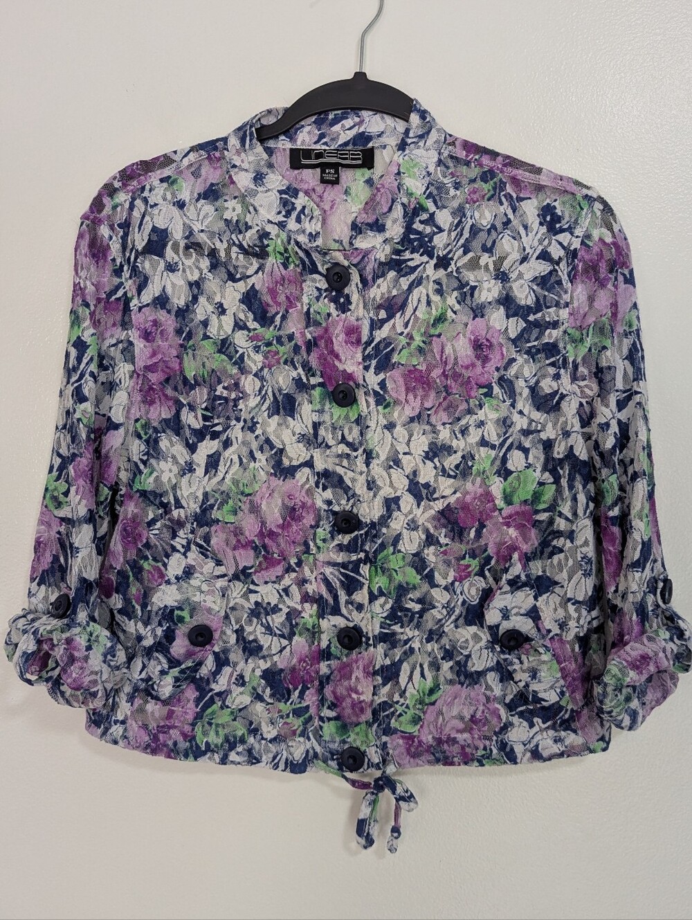 Vintage 90s Y2K Linear Size PS Sheer Lace Floral‎ Button-Front Tie Waist Blouse